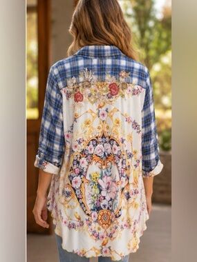 Aratta Silent Journey Plaid & Floral Mixed media button up blouse - Size XL